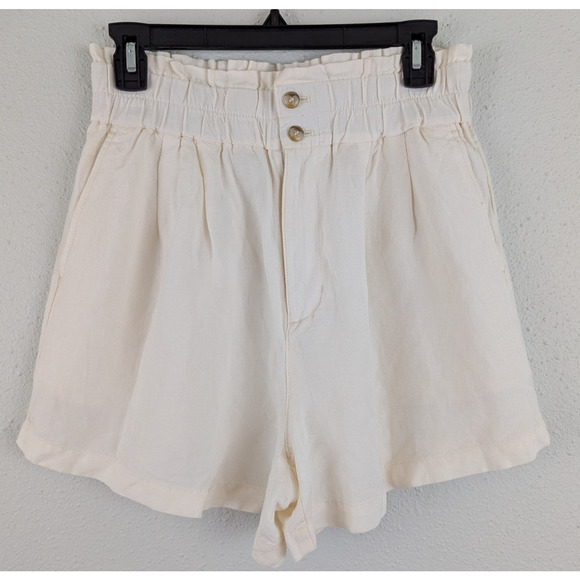 Madewell sz S Linen Blend Pull on Paperbag Shorts ivory zips women 0732 - Picture 1 of 4